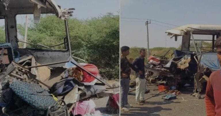 गुजरात के कच्छ में एक बड़ा हादसा हुआ, जिसमें बस के ट्रक से टकराने पर बस के परखच्चे उड़ गए; 9 लोगों की मौत की पुष्टि की गयी है